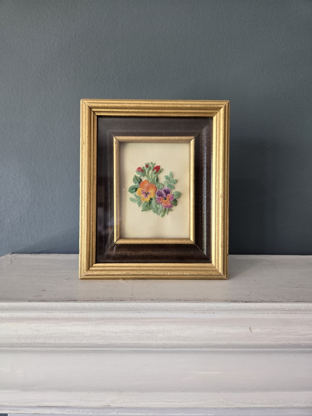 Vintage Petit Point Pansy Art In Gold Shadowbox Frame Floral Crosstitch